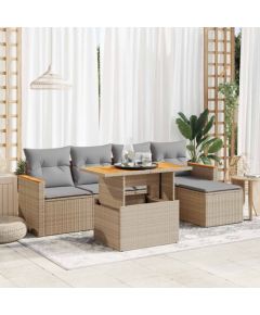 vidaXL 6-cz. zestaw mebli z poduszkami, beżowy, polirattan i akacja Dārza mēbeļu komplekti