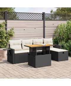 vidaXL 6-cz. zestaw mebli z poduszkami, czarny, polirattan i akacja Dārza mēbeļu komplekti