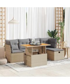 vidaXL 6-cz. zestaw mebli z poduszkami, beżowy, polirattan i akacja Dārza mēbeļu komplekti