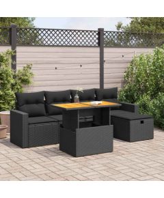 vidaXL 6-cz. zestaw mebli z poduszkami, czarny, polirattan i akacja Dārza mēbeļu komplekti