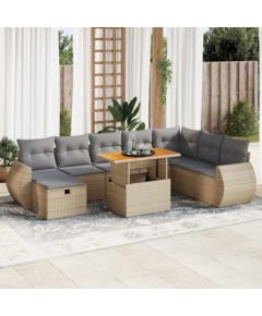 vidaXL 9-cz. zestaw mebli z poduszkami, beżowy, polirattan i akacja Dārza mēbeļu komplekti