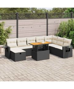 vidaXL 9-cz. zestaw mebli z poduszkami, czarny, polirattan i akacja Dārza mēbeļu komplekti