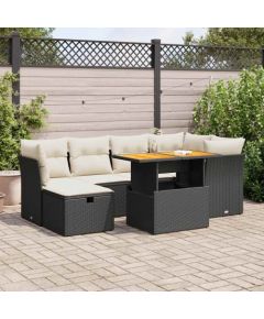 vidaXL 7-cz. zestaw mebli z poduszkami, czarny, polirattan i akacja Dārza mēbeļu komplekti