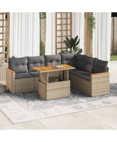 vidaXL 7-cz. zestaw mebli z poduszkami, beżowy, polirattan i akacja Dārza mēbeļu komplekti
