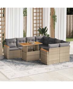 vidaXL 9-cz. zestaw mebli z poduszkami, beżowy, polirattan i akacja Dārza mēbeļu komplekti