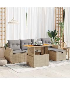 vidaXL 6-cz. zestaw mebli z poduszkami, beżowy, polirattan i akacja Dārza mēbeļu komplekti