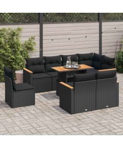vidaXL 9-cz. zestaw mebli z poduszkami, czarny, polirattan i akacja Dārza mēbeļu komplekti
