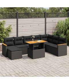 vidaXL 9-cz. zestaw mebli z poduszkami, czarny, polirattan i akacja Dārza mēbeļu komplekti