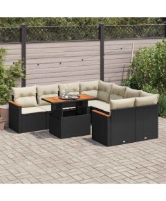 vidaXL 9-cz. zestaw mebli z poduszkami, czarny, polirattan i akacja Dārza mēbeļu komplekti