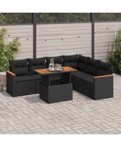 vidaXL 7-cz. zestaw mebli z poduszkami, czarny, polirattan i akacja Dārza mēbeļu komplekti