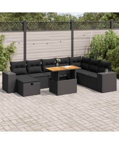 vidaXL 9-cz. zestaw mebli z poduszkami, czarny, polirattan i akacja Dārza mēbeļu komplekti