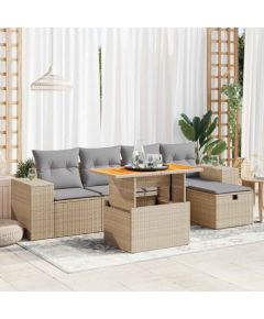 vidaXL 6-cz. zestaw mebli z poduszkami, beżowy, polirattan i akacja Dārza mēbeļu komplekti