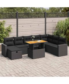 vidaXL 9-cz. zestaw mebli z poduszkami, czarny, polirattan i akacja Dārza mēbeļu komplekti