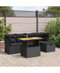 vidaXL 6-cz. zestaw mebli z poduszkami, czarny, polirattan i akacja Dārza mēbeļu komplekti