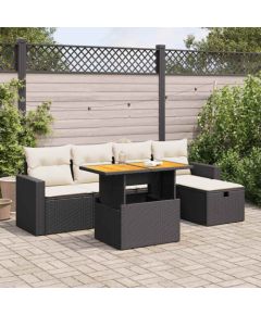 vidaXL 6-cz. zestaw mebli z poduszkami, czarny, polirattan i akacja Dārza mēbeļu komplekti