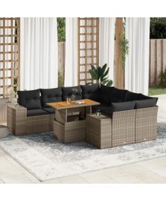 vidaXL 9-cz. zestaw mebli ogrodowych z poduszkami, szary, polirattan Dārza mēbeļu komplekti