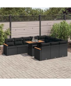vidaXL vidaXL 11-cz. zestaw mebli z poduszkami, czarny, polirattan i akacja Dārza mēbeļu komplekti