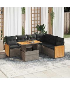 vidaXL vidaXL 7-cz. zestaw mebli z poduszkami, szary, polirattan i akacja Dārza mēbeļu komplekti