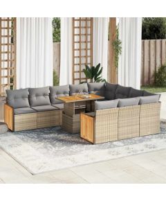 vidaXL 11-cz. zestaw mebli z poduszkami, beżowy, polirattan i akacja Dārza mēbeļu komplekti