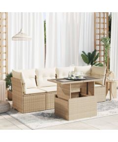 vidaXL 5-cz. zestaw mebli ogrodowych z poduszkami, beżowy, polirattan Dārza mēbeļu komplekti