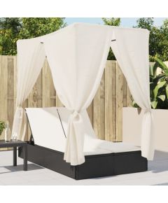 vidaXL Podwójna leżanka z daszkiem i zasłonami, czarny polirattan Шезлонги и пляжные стулья