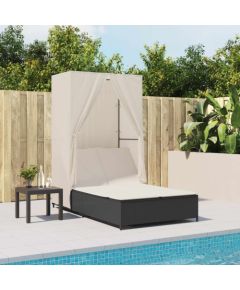 vidaXL Podwójna leżanka z daszkiem i zasłonami, czarny polirattan Шезлонги и пляжные стулья