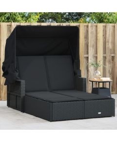 vidaXL vidaXL Podwójna leżanka z zadaszeniem i poduszkami, czarna, polirattan Шезлонги и пляжные стулья