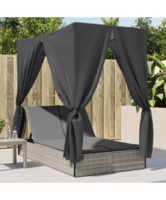 vidaXL vidaXL Podwójna leżanka z daszkiem i zasłonami, jasnoszary polirattan Шезлонги и пляжные стулья