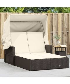 vidaXL Podwójna leżanka z zadaszeniem i poduszkami, brąz, polirattan Шезлонги и пляжные стулья