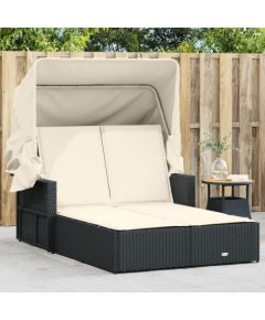 vidaXL Podwójna leżanka z zadaszeniem i poduszkami, czarna, polirattan Шезлонги и пляжные стулья