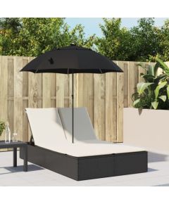 vidaXL Podwójna leżanka z poduszkami i parasolem, czarna, polirattan Шезлонги и пляжные стулья