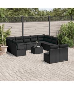 vidaXL 12-częściowy zestaw mebli do ogrodu, z poduszkami, czarny, polirattan Dārza mēbeļu komplekti