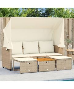 vidaXL 3-os. sofa ogrodowa z baldachimem i podnóżkami, beż, polirattan Dārza mēbeļu komplekti