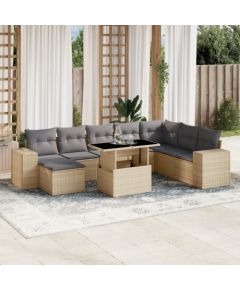 vidaXL 9-cz. zestaw mebli ogrodowych z poduszkami, beżowy, polirattan Dārza mēbeļu komplekti