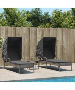 vidaXL Leżaki z zadaszeniem i stolikiem, 2 szt., szare, polirattan Шезлонги и пляжные стулья