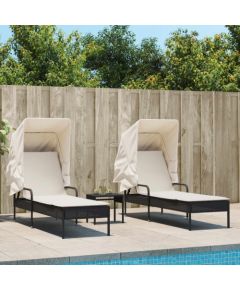 vidaXL Leżaki z zadaszeniem i stolikiem, 2 szt., czarne, polirattan Шезлонги и пляжные стулья