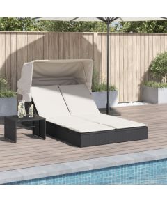 vidaXL vidaXL Podwójna leżanka z zadaszeniem i poduszkami, czarna, polirattan Шезлонги и пляжные стулья