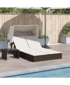 vidaXL vidaXL Podwójna leżanka z zadaszeniem i poduszkami, brąz, polirattan Шезлонги и пляжные стулья