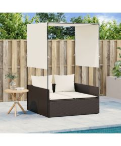 vidaXL Podwójna leżanka z daszkiem i zasłonami, brązowy polirattan Шезлонги и пляжные стулья