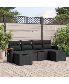 vidaXL 6-cz. zestaw mebli ogrodowych z poduszkami, czarny polirattan Dārza mēbeļu komplekti