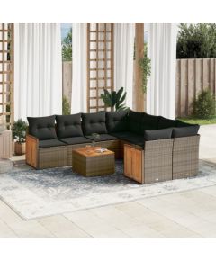 vidaXL 9-cz. zestaw mebli ogrodowych z poduszkami, szary, polirattan Dārza mēbeļu komplekti