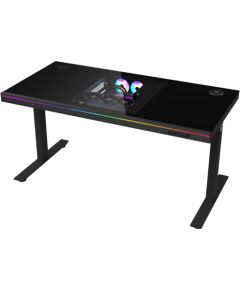 Lorgar Dual-motor sit/stand adjustable-height gaming desk with built-in PC case, wireless charger, RGB lighting, control panel, and USB ports, tempered glass tabletop, black. Gaming galdi