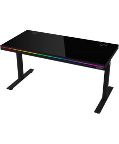 Lorgar Dual-motor sit/stand adjustable-height gaming desk with wireless charger, RGB lighting, control panel, and USB ports, solid tempered glass tabletop, black. Gaming galdi