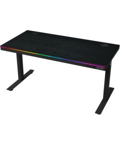 Lorgar Dual-motor sit/stand adjustable-height gaming desk with wireless charger, RGB lighting, control panel, and USB ports, PB melamine surface tabletop, black. Gaming galdi