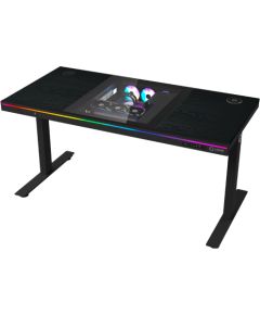 Lorgar Dual-motor sit/stand adjustable-height gaming desk with built-in PC case, wireless charger, RGB lighting, control panel, and USB ports, PB melamine surface tabletop, black. Gaming galdi