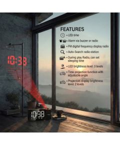 Digital LED clock radio with GreenBlue projector, FM radio, alarm, 12/24 clock, 5V DC USB power supply + CR2032, GB172 Aудио-видео