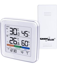 GreenBlue wireless weather station, temperature + humidity IN/OUT, clock + alarm + date, °C / °F selectable, range up to 60m, GB169 Meteoroloģiskās stacijas