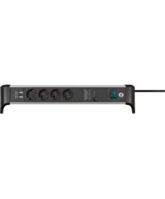 Brennenstuhl Alu-Office-Line 4-way power strip for the desk, black/aluminum, 1.8 meter cable, 60,000A surge protection, 2x USB-A Strāvas pagarinātāji
