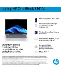HP OmniBook 7 AI 14-fr0221nw Ultra 5 225U 14"2K 300nits AG 16GB LPDDR5-5200 SSD512 Intel Graphics Cam 5 Mpx IR 68Wh Win11 Glacial Silver 2Y Portatīvie datori