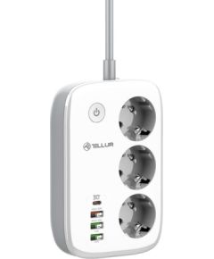 Tellur Smart WiFi Power Strip 3 Outlets, PD30W, QC18W, 2xUSB 2.4A 2500W 10A 2m Strāvas pagarinātāji